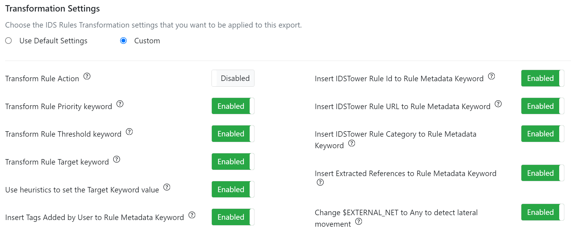 IDS Rules exports transformation settings